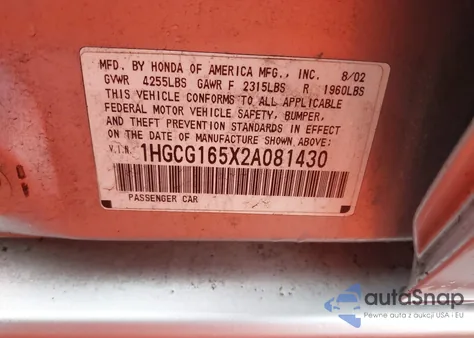 2002 Honda Accord 3.0 Ex z USA, uszkodzony, nr VIN 1HGCG165X2A081430